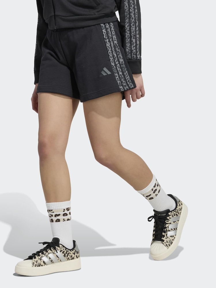 adidas Black Animal Print 3 Stripes Shorts - Image 1 of 6 adidas Black Animal Print 3 Stripes Shorts - Image 1 of 6