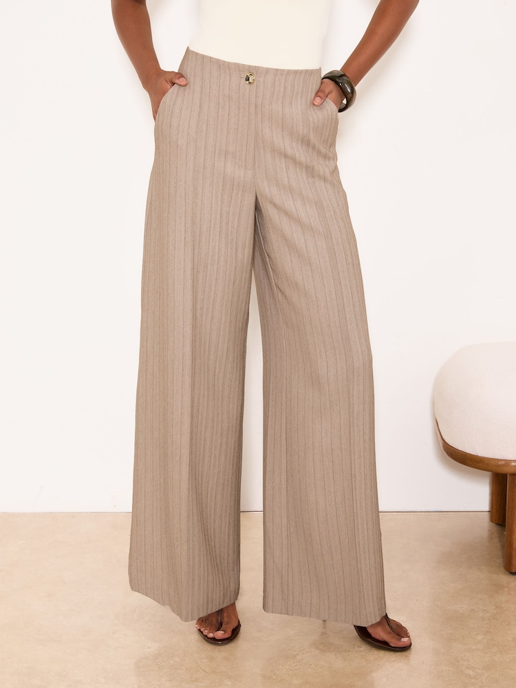 Lipsy Neutral Stripe Grown on Waist Wide Leg Trousers - Image 1 of 5