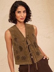 Love & Roses Tan Brown Embroidered Suedette Waistcoat With Stud Detail - Image 1 of 4