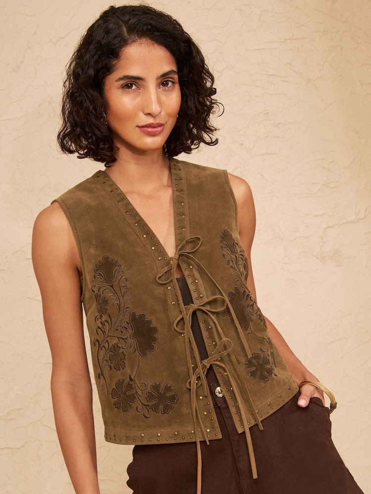 Love & Roses Tan Brown Embroidered Suedette Waistcoat With Stud Detail - Image 1 of 4