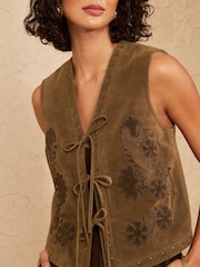 Love & Roses Tan Brown Embroidered Suedette Waistcoat With Stud Detail - Image 2 of 4