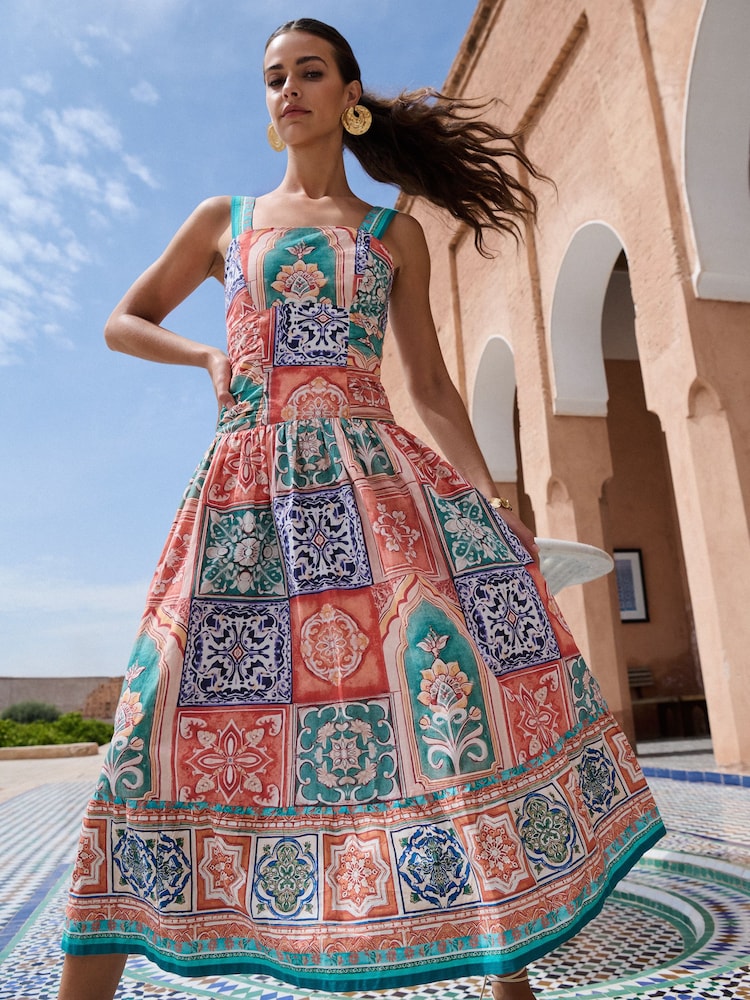 Lipsy Orange Tile Print Cotton Strappy Skater Midi Summer Dress - Image 1 of 5 Lipsy Orange Tile Print Cotton Strappy Skater Midi Summer Dress - Image 1 of 5