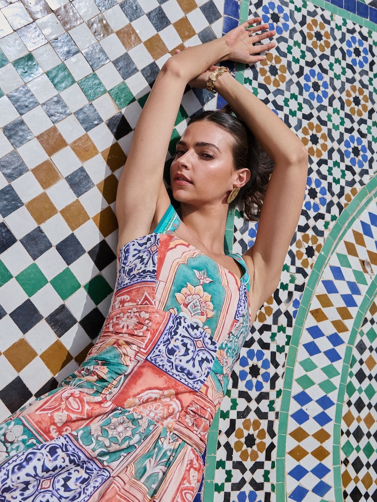 Lipsy Orange Tile Print Cotton Strappy Skater Midi Summer Dress - Image 2 of 5 Lipsy Orange Tile Print Cotton Strappy Skater Midi Summer Dress - Image 2 of 5