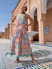 Lipsy Orange Tile Print Cotton Strappy Skater Midi Summer Dress - Image 3 of 5