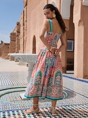 Lipsy Orange Tile Print Cotton Strappy Skater Midi Summer Dress - Image 4 of 5