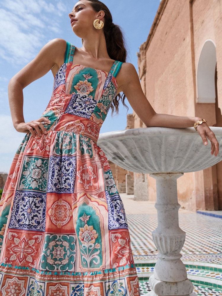 Lipsy Orange Tile Print Cotton Strappy Skater Midi Summer Dress - Image 5 of 5 Lipsy Orange Tile Print Cotton Strappy Skater Midi Summer Dress - Image 5 of 5