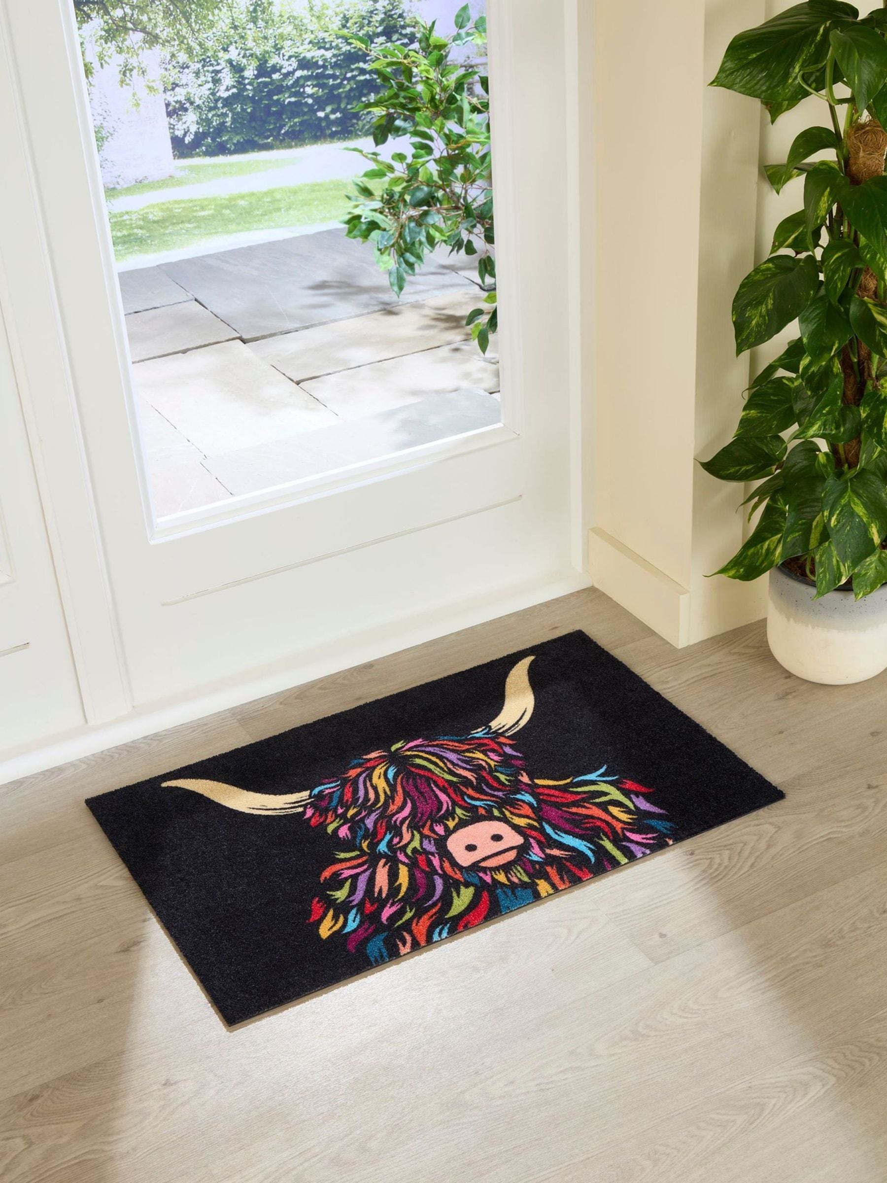 Artsy Mats Black Highland Cow Indoor Washable Doormat