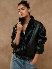 কালো - Funnel Neck Faux Leather Jacket - 8এর মধ্যে 1 ছবি