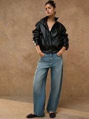 কালো - Funnel Neck Faux Leather Jacket - 8এর মধ্যে 2 ছবি