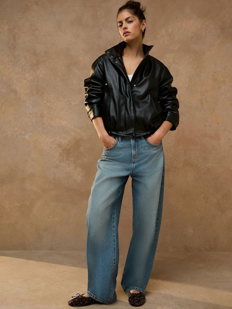 কালো - Funnel Neck Faux Leather Jacket - 8এর মধ্যে 2 ছবি