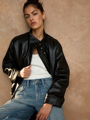 কালো - Funnel Neck Faux Leather Jacket - 8এর মধ্যে 3 ছবি