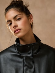 কালো - Funnel Neck Faux Leather Jacket - 8এর মধ্যে 5 ছবি