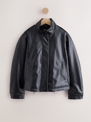 কালো - Funnel Neck Faux Leather Jacket - 8এর মধ্যে 6 ছবি