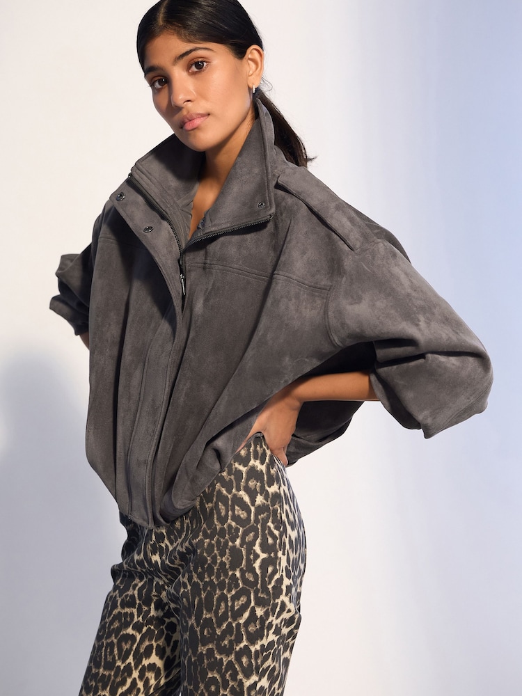 Grey Faux Suede Funnel Neck Bomber Jacket - Image 1 of 4 Grey Faux Suede Funnel Neck Bomber Jacket - Image 1 of 4