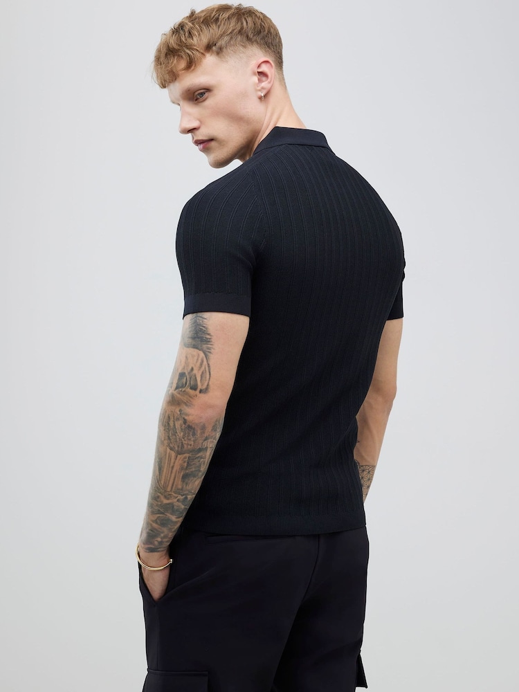 River Island Black Muscle Fit Ribbed Polo Shirt - Image 2 of 4