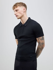 River Island Black Muscle Fit Ribbed Polo Shirt - Image 3 of 4