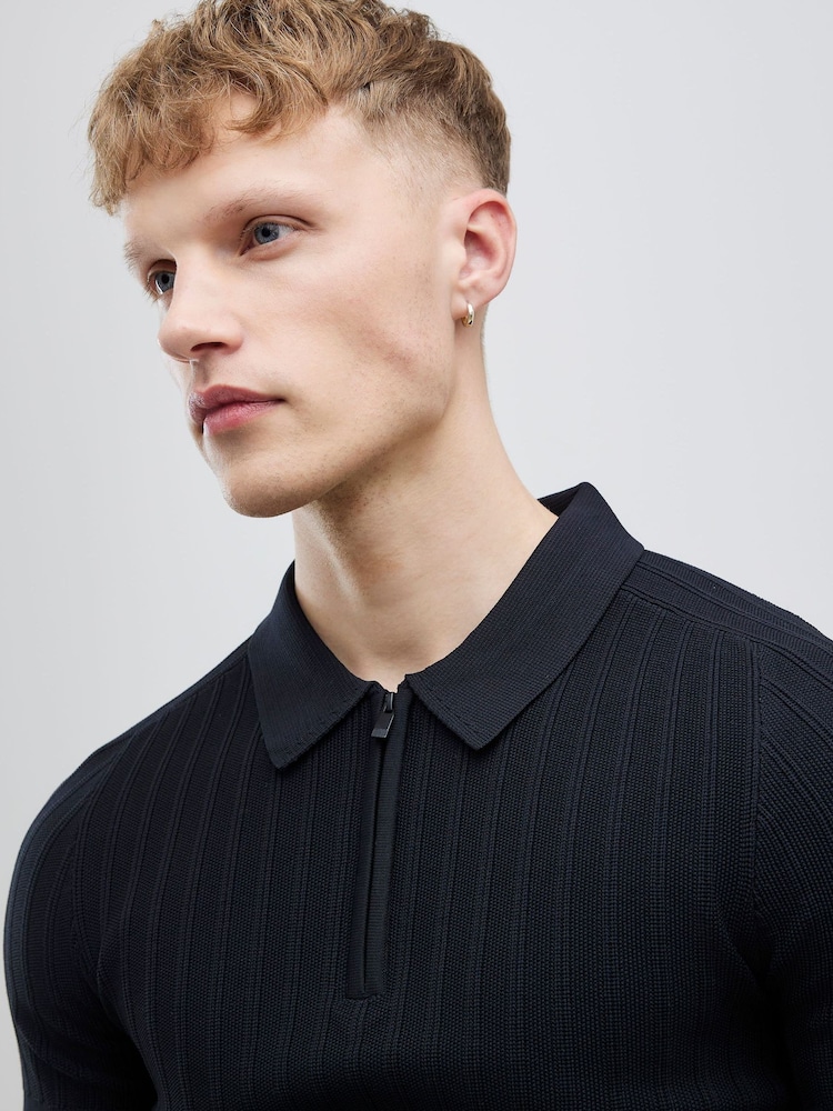 River Island Black Muscle Fit Ribbed Polo Shirt - Image 4 of 4