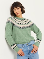 FatFace Halle Light Green Fairisle Knitted Crew Jumper - Image 1 of 6