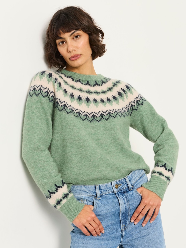 FatFace Halle Light Green Fairisle Knitted Crew Jumper - Image 1 of 6 FatFace Halle Light Green Fairisle Knitted Crew Jumper - Image 1 of 6