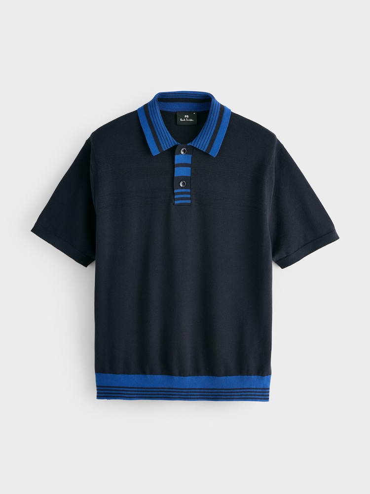 PS Paul Smith Blue Contrast Detail Knitted Polo Shirt - Image 1 of 2