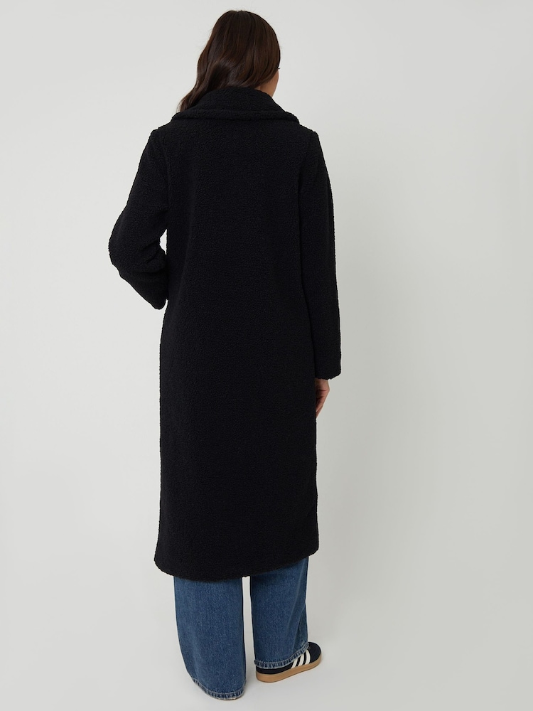 Threadbare Black Longline Double Breasted Borg Coat - Image 2 of 4 Threadbare Black Longline Double Breasted Borg Coat - Image 2 of 4