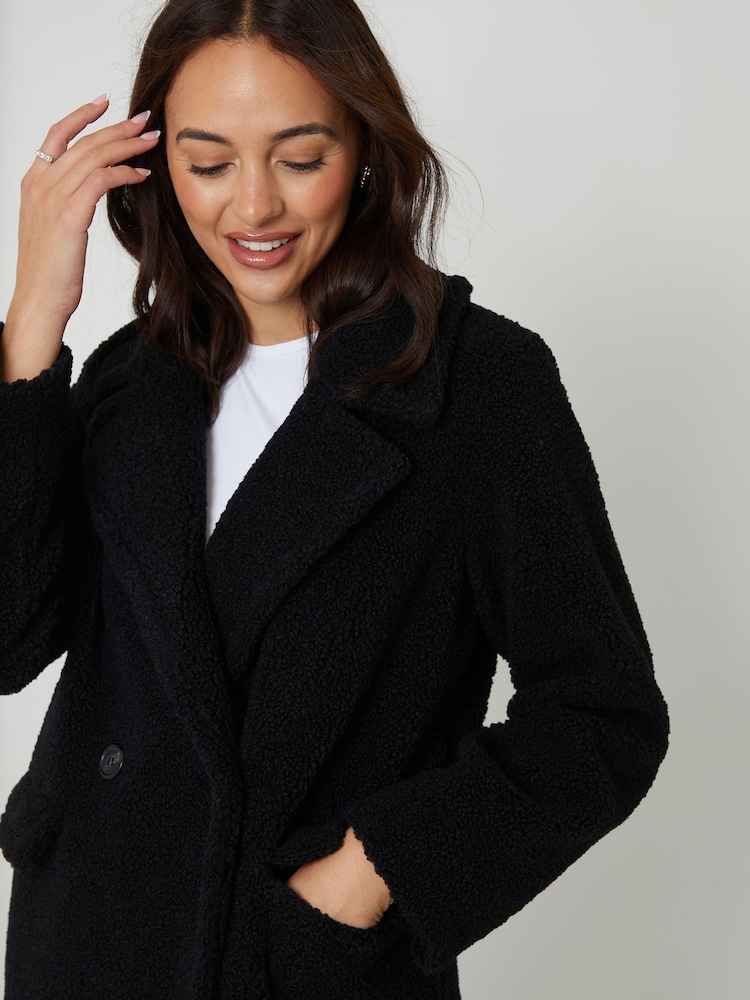 Threadbare Black Longline Double Breasted Borg Coat - Image 4 of 4 Threadbare Black Longline Double Breasted Borg Coat - Image 4 of 4