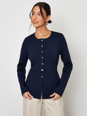 Threadbare Blue Cinched Knitted Button Up Cardigan - Image 1 of 5