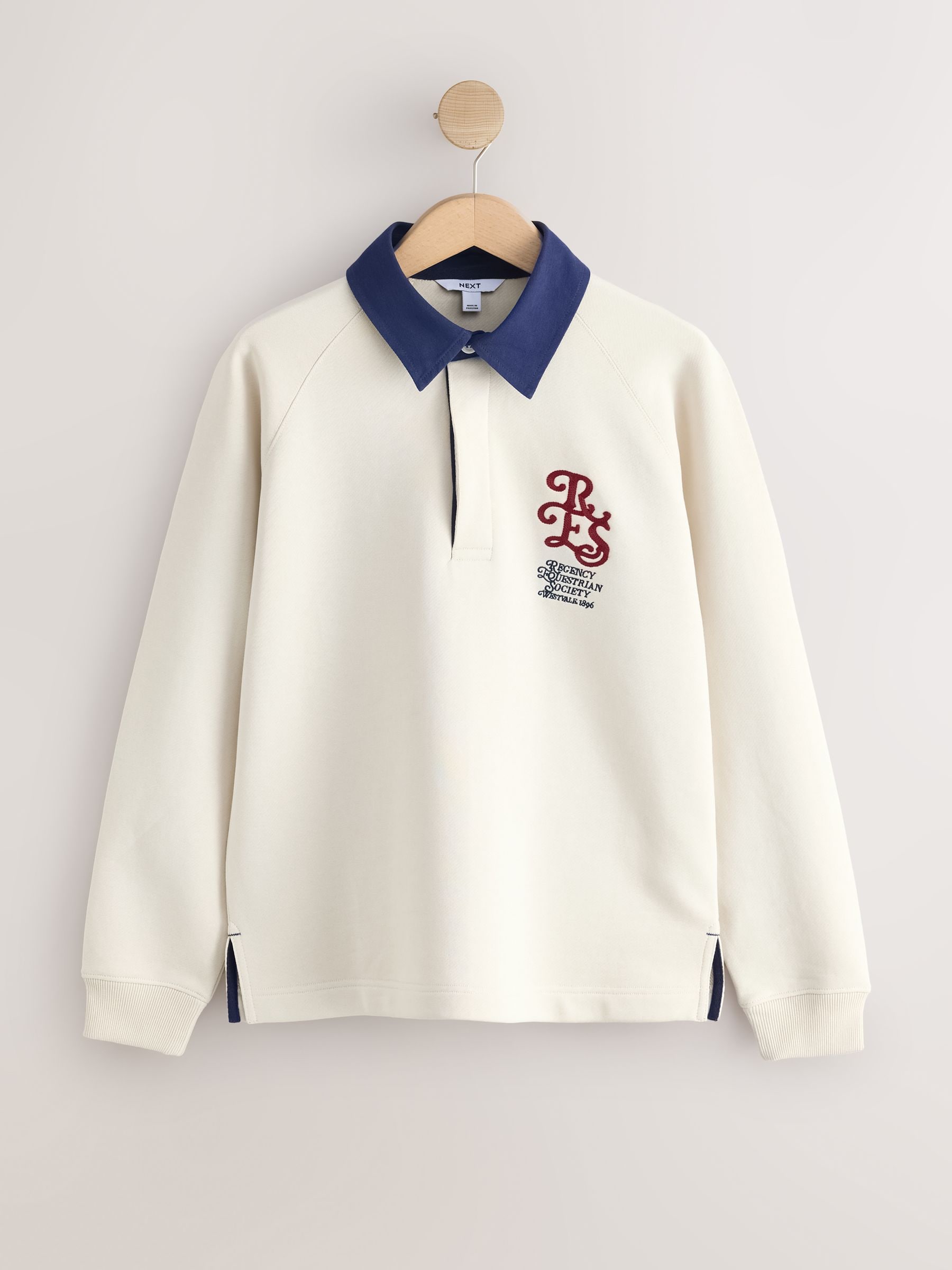 Buy Ecru Contrast Collar Long Sleeve Graphic Embroidered Rugby