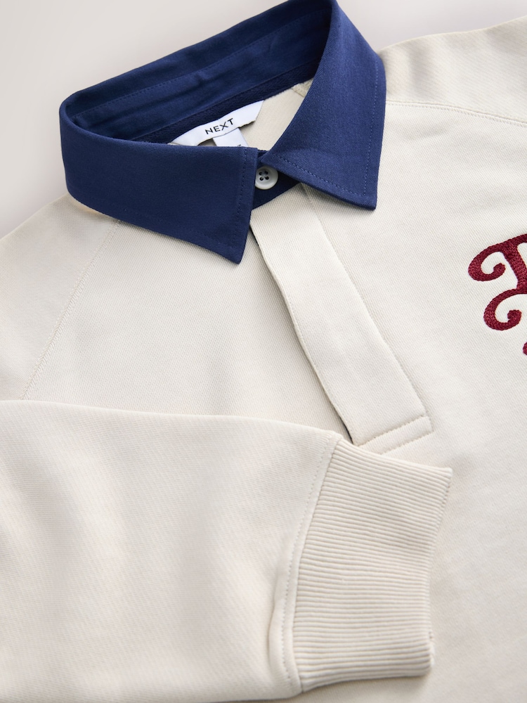 Ecru Contrast Collar Long Sleeve Graphic Embroidered Rugby Shirt - Image 2 of 3
