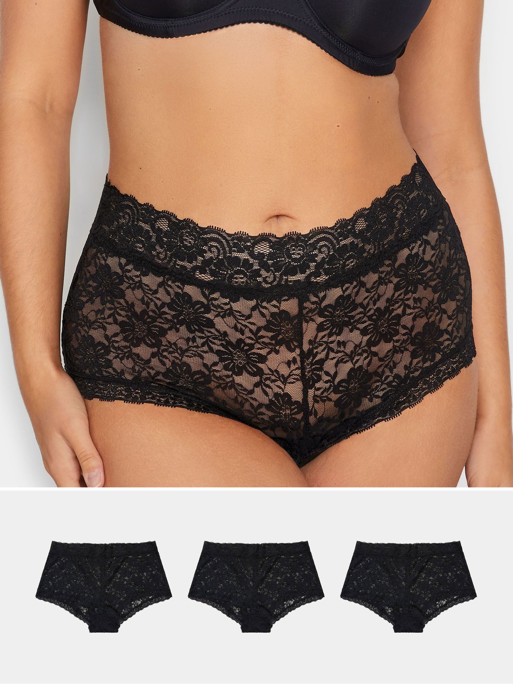 Yours Curve Women's Black Lace Mid Rise Briefs 3 Pack - Image 2