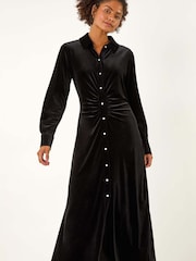 Roman Black Velvet Button Shirt Stretch Midi Dress - Image 1 of 5