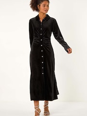 Roman Black Velvet Button Shirt Stretch Midi Dress - Image 2 of 5