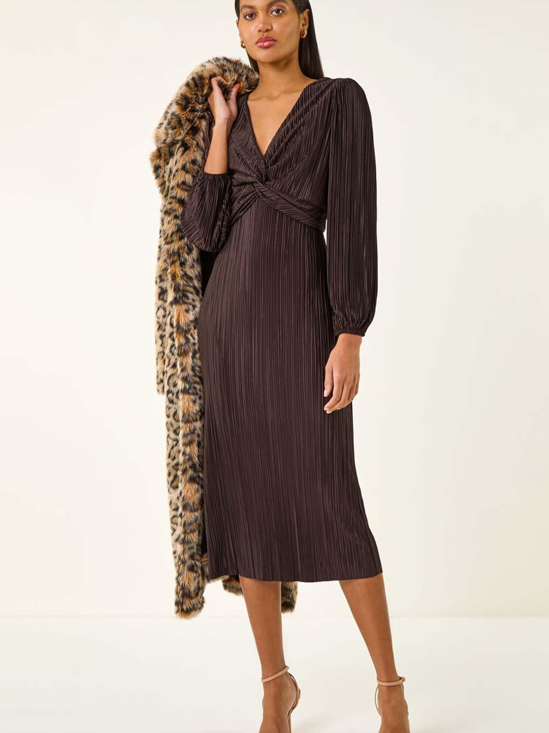 Buy Roman Brown Plisse Twist Front Midi Dress from Next USA