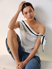 White/Black Polka Dot Off the Shoulder Satin Top - Image 1 of 7