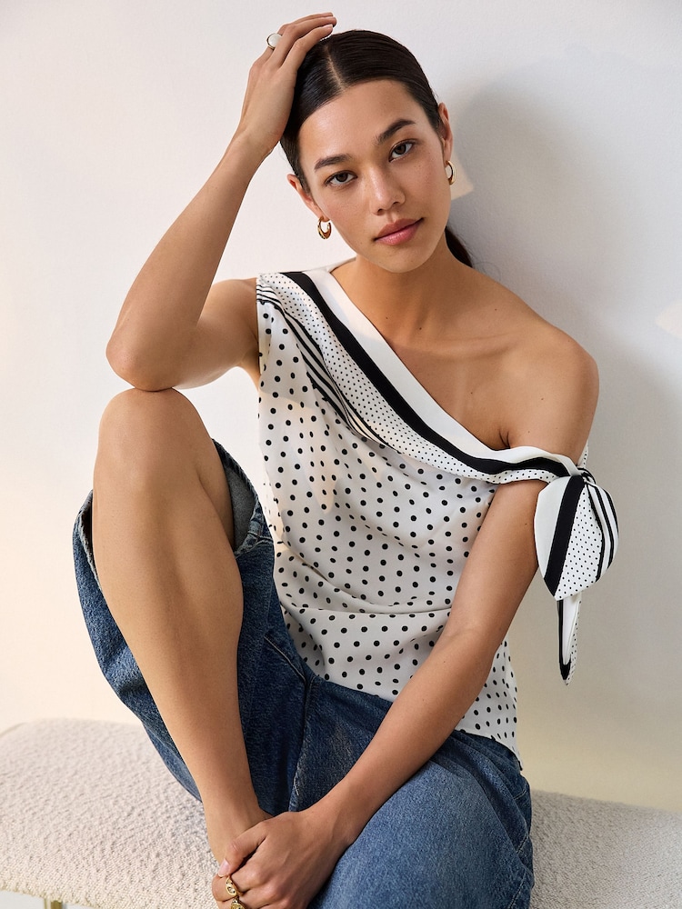 White/Black Polka Dot Off the Shoulder Satin Top - Image 1 of 7