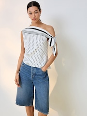 White/Black Polka Dot Off the Shoulder Satin Top - Image 2 of 7
