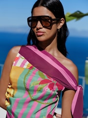 وردي/فيروزي مورد طبعة - بلوزة ستان مكشوفة الكتفين - صورة 1 من 11