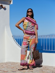 وردي/فيروزي مورد طبعة - بلوزة ستان مكشوفة الكتفين - صورة 3 من 11