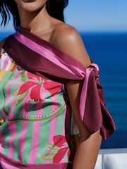 وردي/فيروزي مورد طبعة - بلوزة ستان مكشوفة الكتفين - صورة 5 من 11