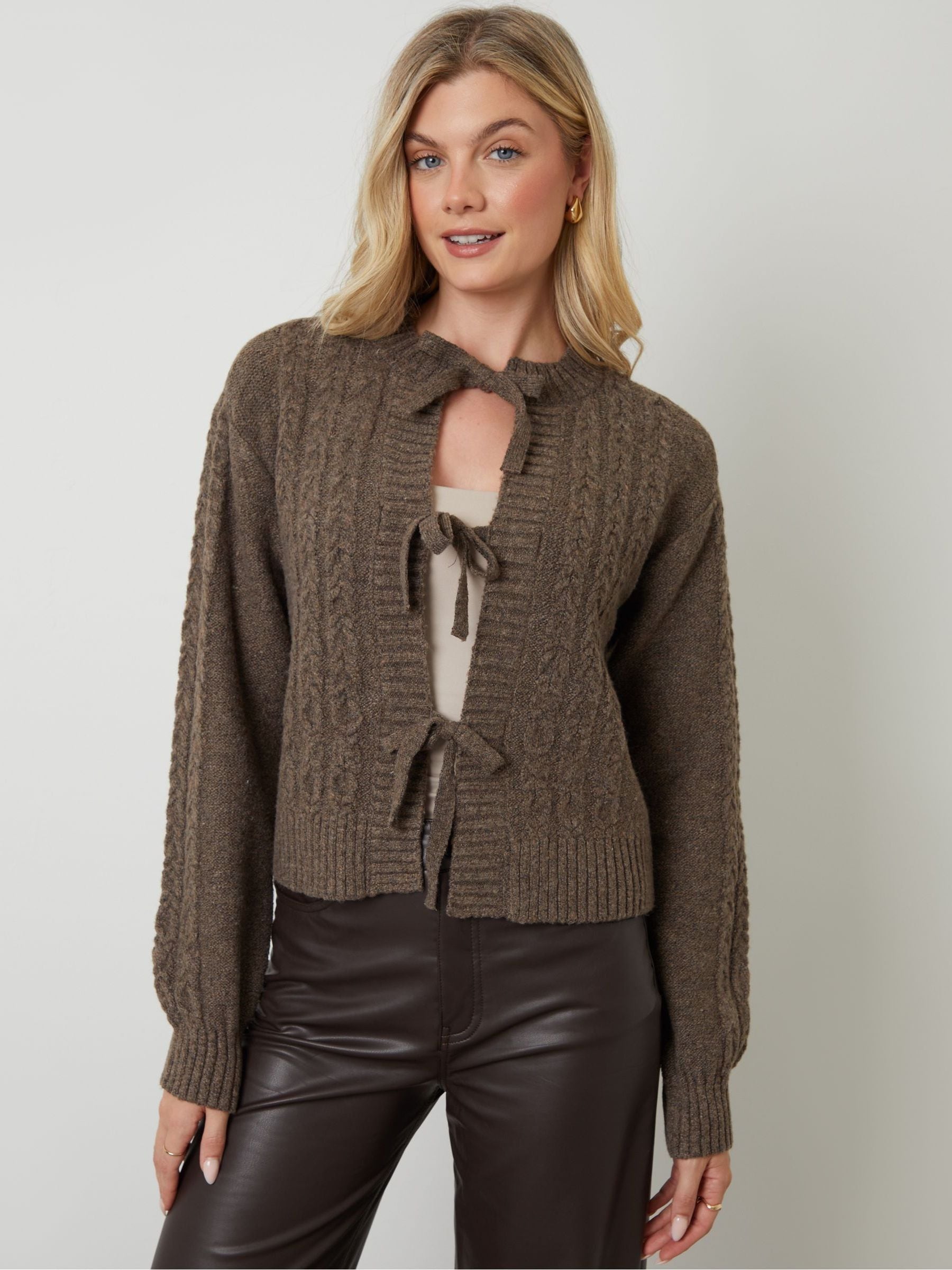 Buy Another Sunday Brown Cable Knit Tie Front Cardigan from the