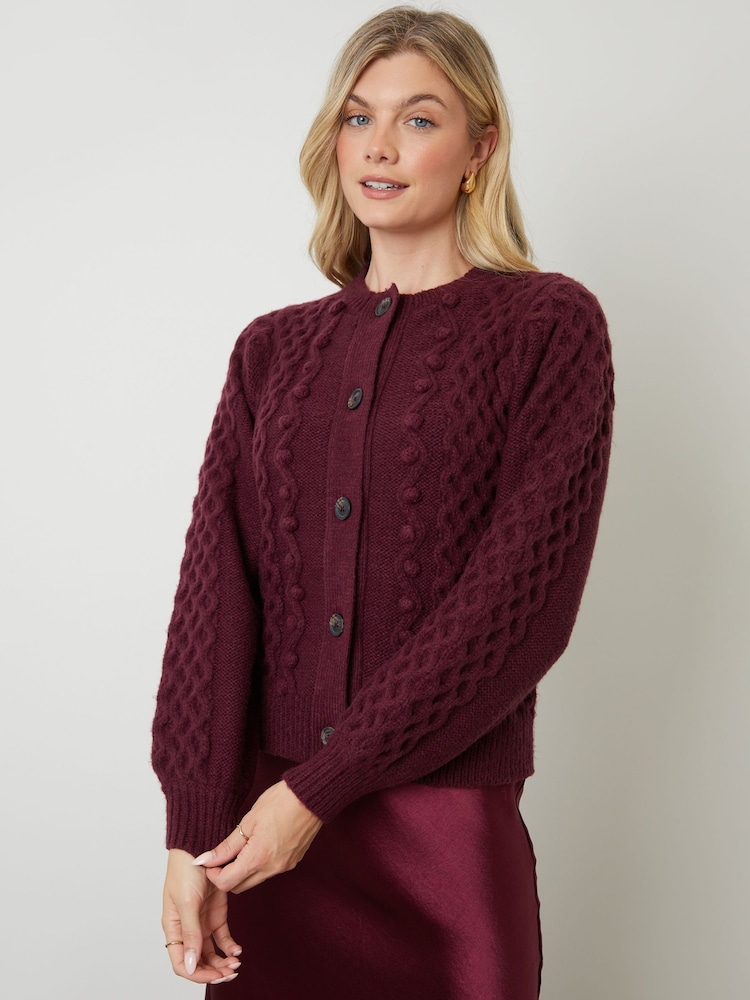 Another Sunday Red Bobble Cable Knit Button Up Cardigan - Image 1 of 5 Another Sunday Red Bobble Cable Knit Button Up Cardigan - Image 1 of 5