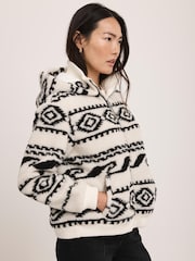 Mint Velvet White Cream Borg Print  Hooded Jacket - Image 3 of 8
