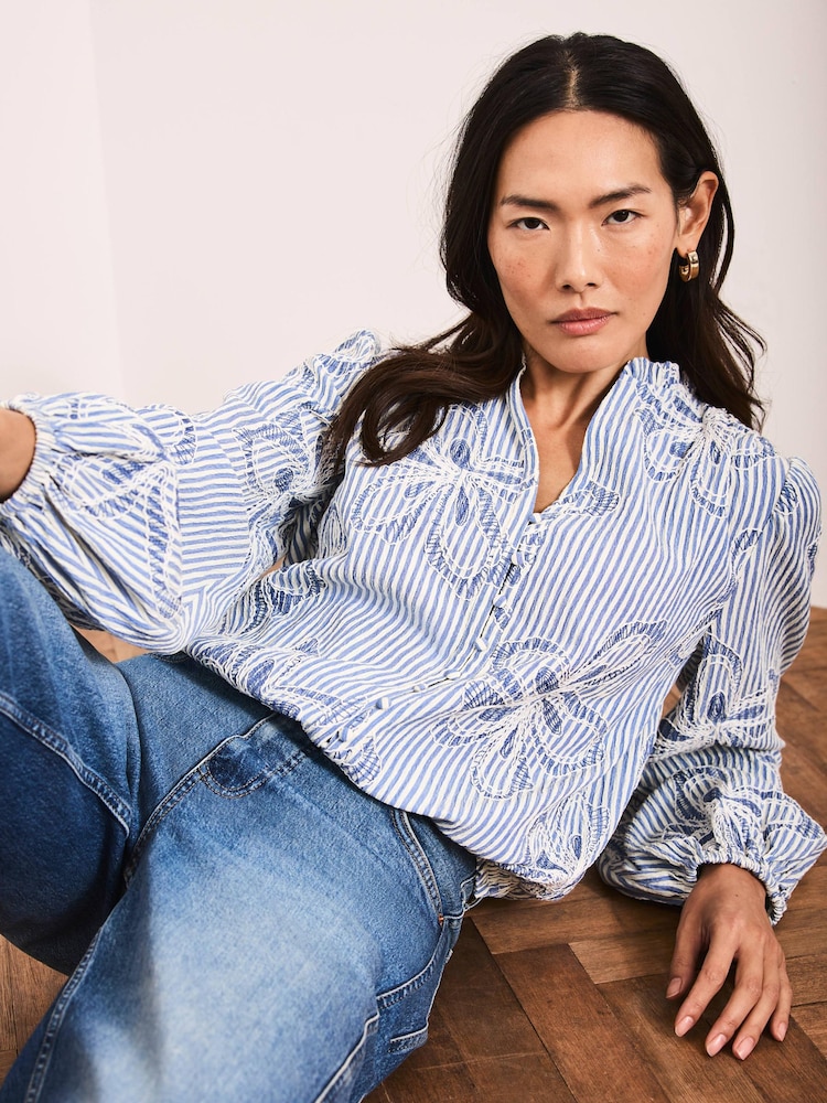 Mint Velvet Blue Striped Embroidered Floral Blouse - Image 2 of 7