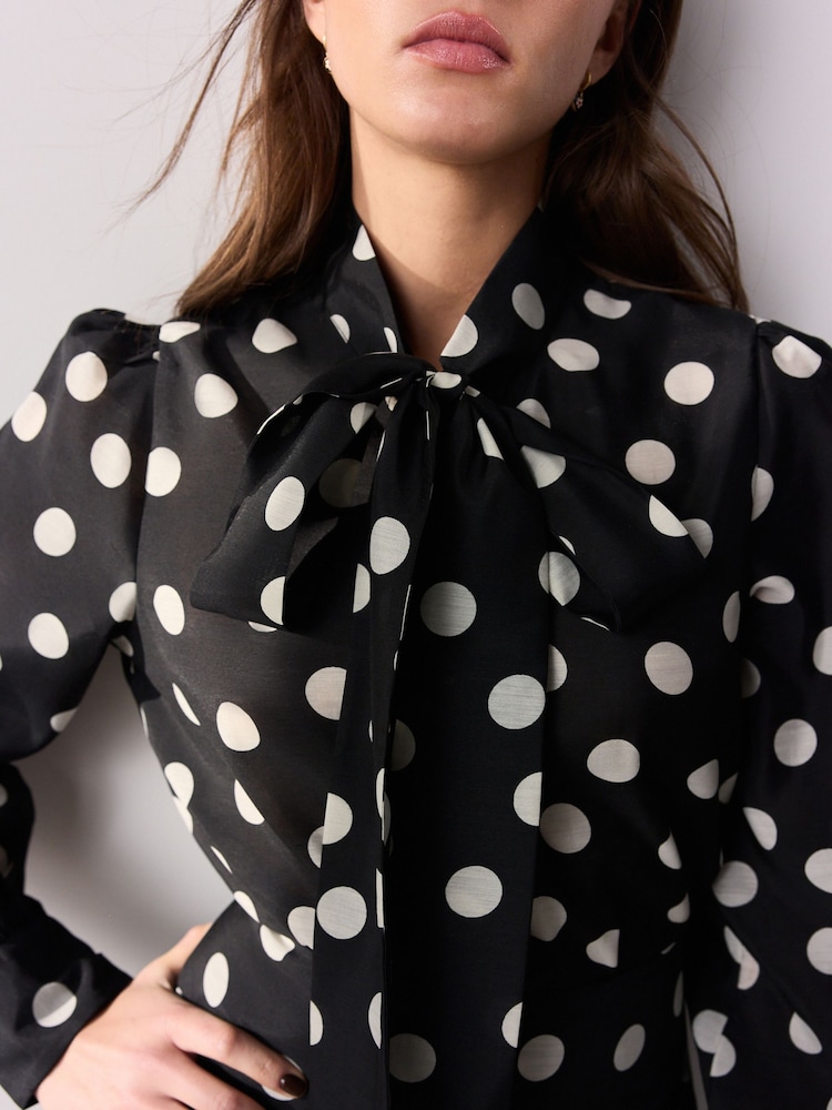 Black/White Poka Dot Tabitha Simmons X Next Long Sleeve Bow Neck Blouse - Image 5 of 5