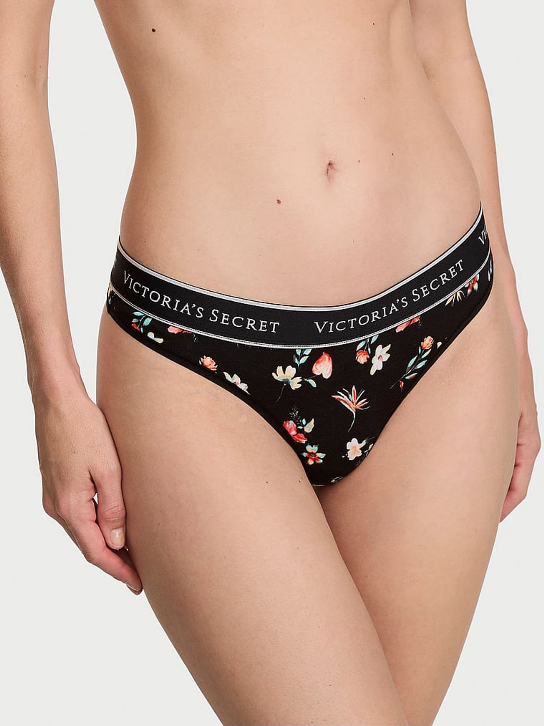 Victoria's Secret Black Floral Thong Logo Knickers