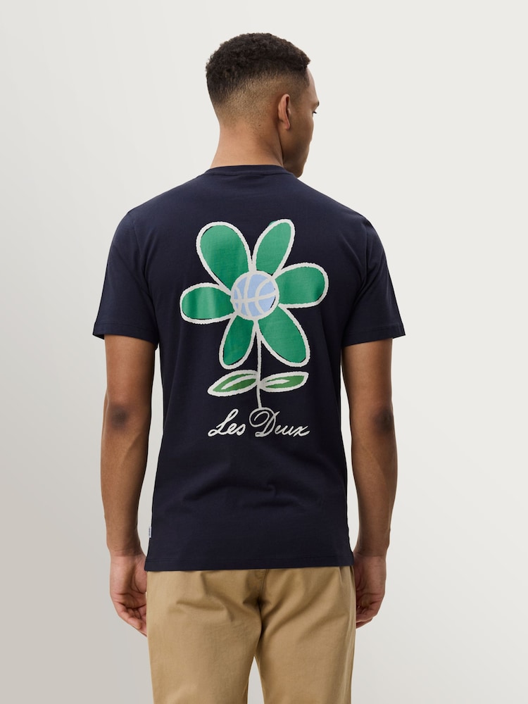 Les Deux Dark Blue Flower Graphic Print T-Shirt - Image 2 of 5