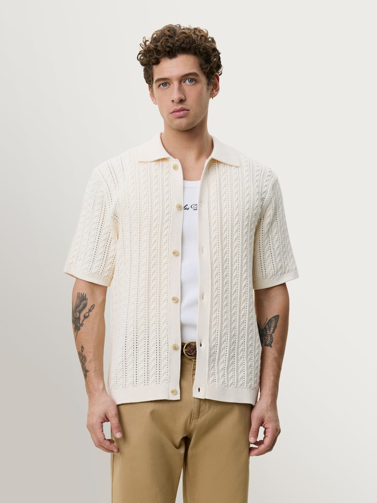 Les Deux White Cable Knitted Short Sleeve Shirt - Image 1 of 7