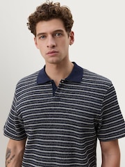 Les Deux Blue Knitted Stripe Polo Shirt - Image 5 of 7