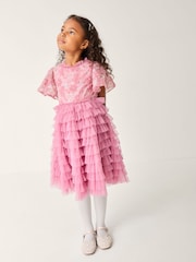 Monsoon Pink Shikha Floral Embellished Tiered Ruffle Dress - Image 1 of 4