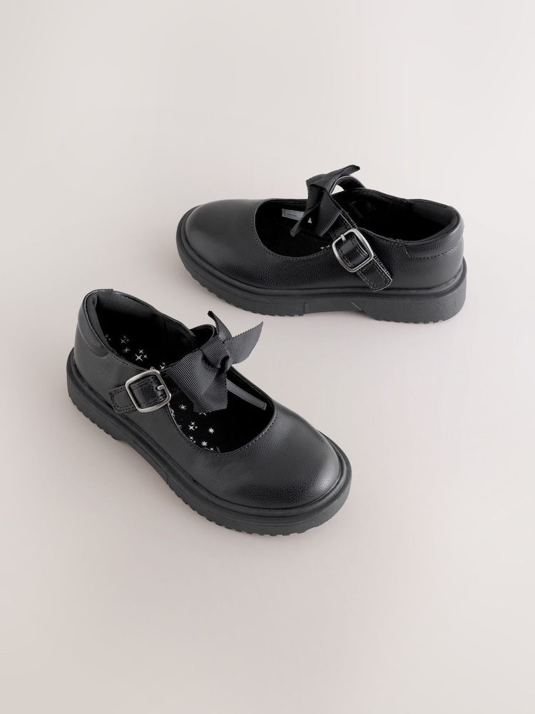 Black Matt Narrow Fit (E) Bow Chunky Mary Jane School Shoes - Image 1 of 5